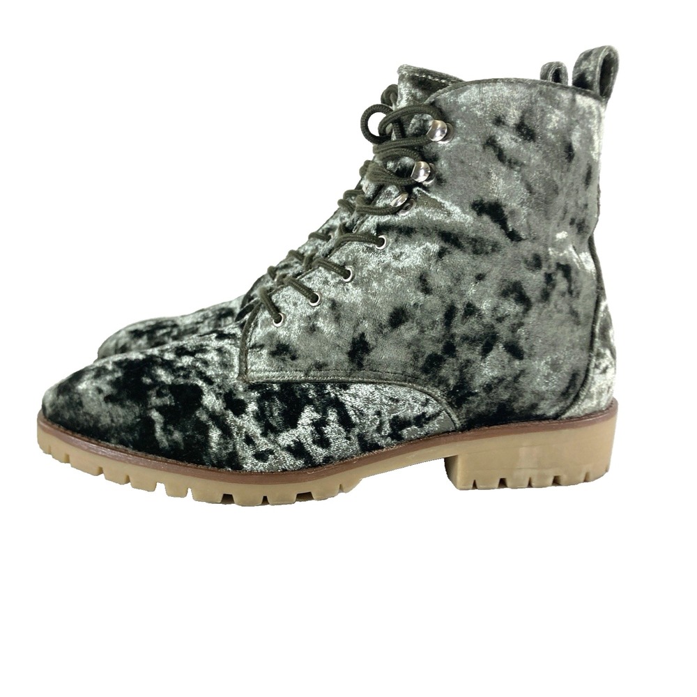 Qupid Green Velvet Combat Boots Womens 8 Velour Whimsigoth Lace Up Ankle Shoe - Picture 2 of 12